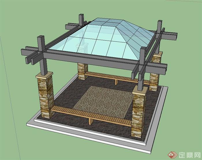 园林景观节点方形四角景观亭设计SU模型(2)