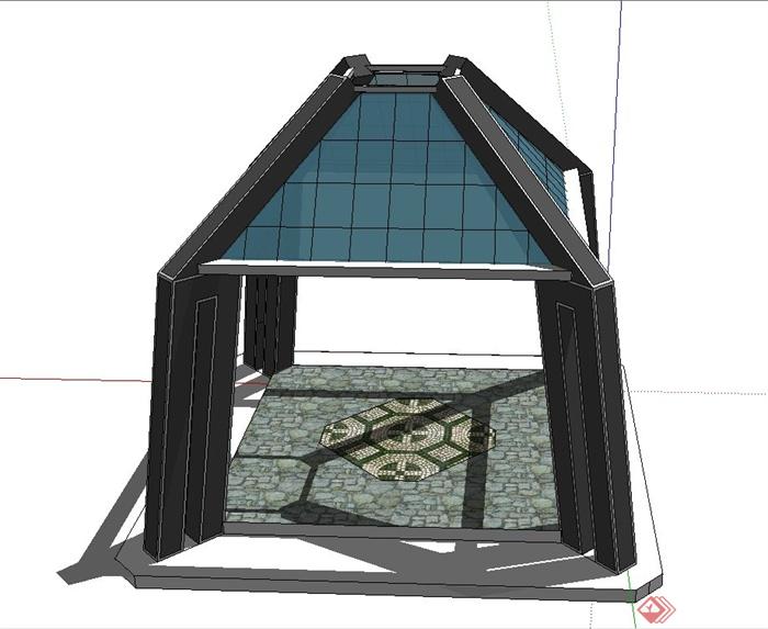 园林景观节点四角玻璃凉亭设计SU模型(1)