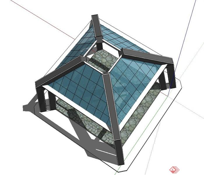 园林景观节点四角玻璃凉亭设计SU模型(2)