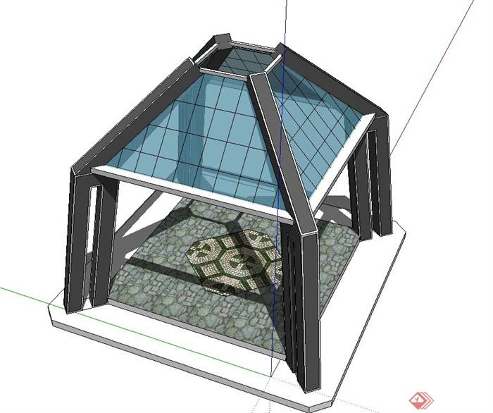 园林景观节点四角玻璃凉亭设计SU模型(3)