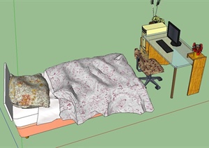现代室内单人床与办公桌椅设计SU(草图大师)模型