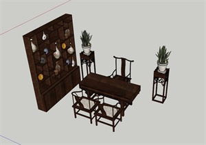 中式书房书桌柜设计SU(草图大师)模型