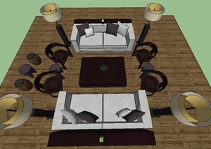 现代中式室内沙发茶几坐凳组合设计SU(草图大师)模型
