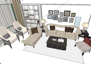 现代室内沙发、茶几、背景墙等组合设计SU(草图大师)模型