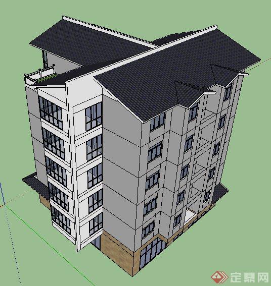 现代新中式风格5层办公楼建筑su模型(3)