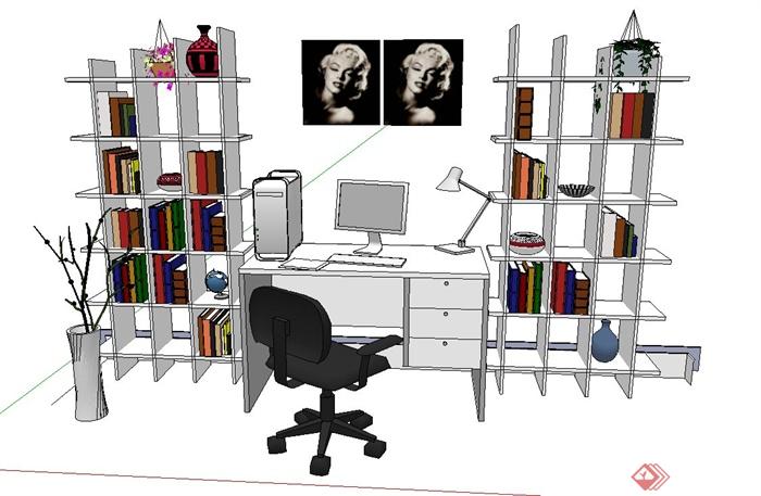 室内书架办公桌椅组合设计SU模型(1)