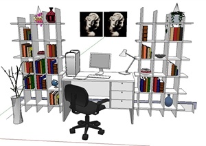 室内书架办公桌椅组合设计SU(草图大师)模型
