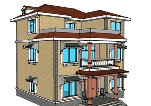 混搭风格三层自建房别墅建筑设计SU(草图大师)模型