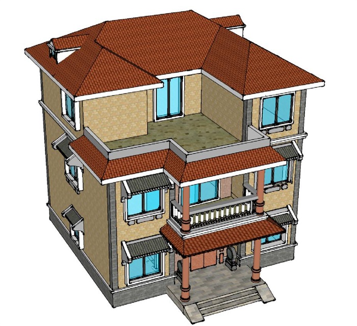 混搭风格三层自建房别墅建筑设计su模型