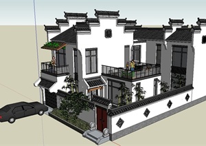 两层新中式徽派别墅建筑设计SU(草图大师)模型