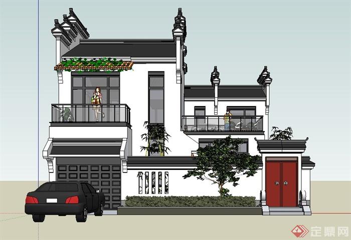 两层新中式徽派别墅建筑设计SU模型(3)