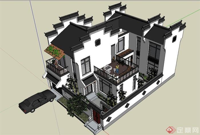 两层新中式徽派别墅建筑设计SU模型(2)