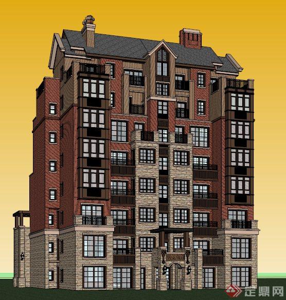 英式风格8层住宅楼建筑设计su模型(3)