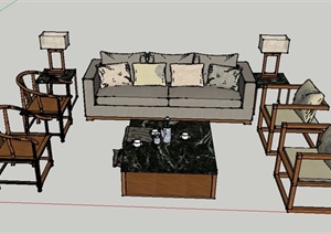 现代中式客厅沙发茶几组合设计SU(草图大师)模型