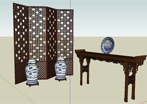 室内古典中式屏风与置物架设计SU(草图大师)模型