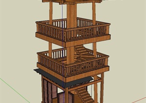 园林景观节点木质四角三层塔楼建筑设计SU(草图大师)模型
