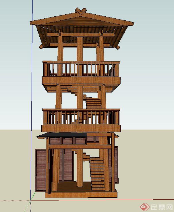 园林景观节点木质四角三层塔楼建筑设计SU模型(2)