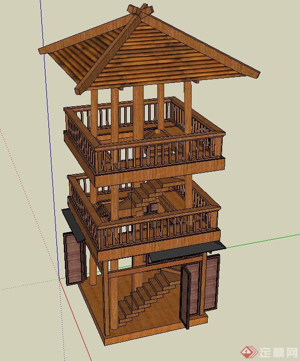 园林景观节点木质四角三层塔楼建筑设计SU模型(3)