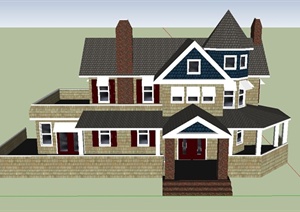某欧式两层组合坡屋面别墅建筑设计SU(草图大师)模型
