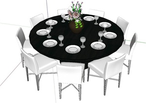 现代餐厅圆形9人餐桌椅设计SU(草图大师)模型