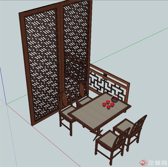 古典中式茶桌椅、屏风、栏杆设计SU模型(2)