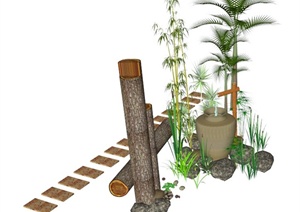 园林景观跌水小品及竹子SU(草图大师)模型