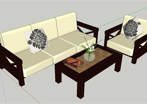 现代中式室内木质沙发茶几组合设计SU(草图大师)模型