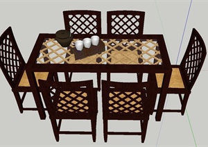 某室内木质六人桌椅设计SU(草图大师)模型