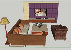 现代室内沙发、茶几、电视、背景墙等设计SU(草图大师)模型