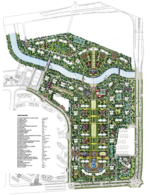 城市规划,河流景观,植被,建筑,道路