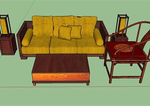 某古典中式木质沙发茶几组合设计SU(草图大师)模型