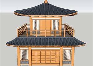 古典中式两层钟鼓楼建筑设计SU(草图大师)模型