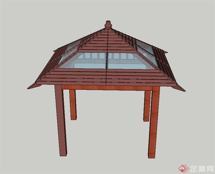 园林景观节点木质玻璃四角亭设计SU模型(1)
