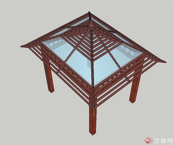 园林景观节点木质玻璃四角亭设计SU模型(2)