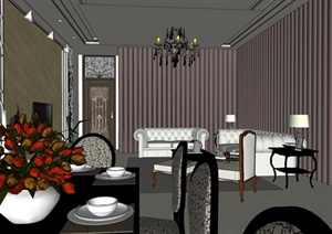 新古典风格复式住宅客厅与餐厅室内设计SU(草图大师)模型
