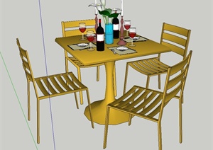 某室内木质四人方形餐桌椅设计SU(草图大师)模型