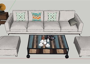 现代室内沙发茶几地柜组合设计SU(草图大师)模型