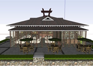 古典中式单层咖啡厅建筑设计SU(草图大师)模型