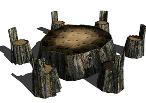 园林景观木桩木桌凳SU(草图大师)模型