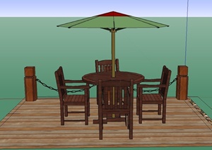 室外木平台与桌椅遮阳伞设计SU(草图大师)模型