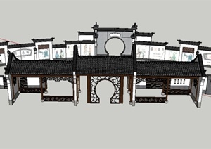 中式九头墙景墙 与廊架设计SU(草图大师)模型