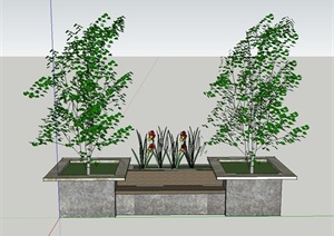 园林景观节点树池与坐凳组合设计CAD图SU(草图大师)模型