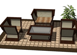 新中式风格沙发茶几组合SU(草图大师)模型