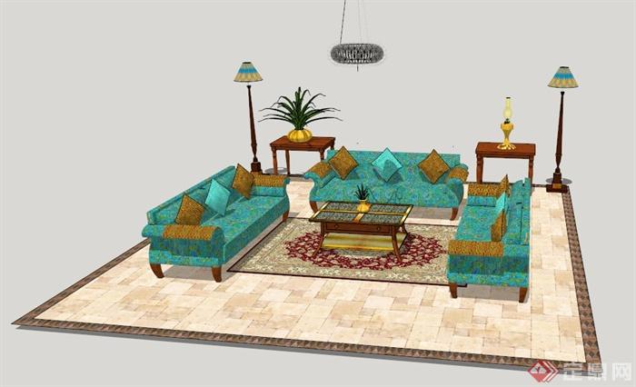 东南亚风格沙发茶几组合家具su模型(1)
