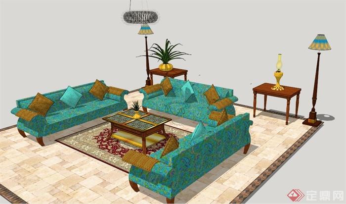 东南亚风格沙发茶几组合家具su模型(3)