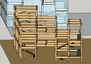 三层建筑框架与楼梯设计SU(草图大师)模型