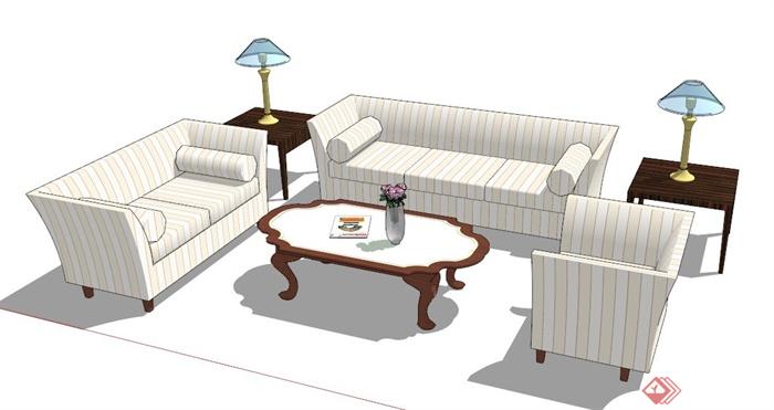 简欧风格米色沙发及茶几组合su模型(1)