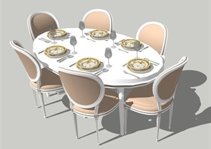 简欧风格椭圆形六人座餐桌椅SU(草图大师)模型