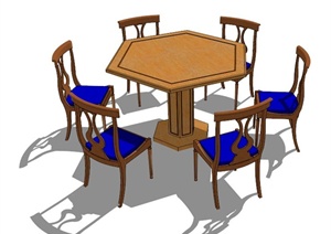 中式风格六边形餐桌椅SU(草图大师)模型