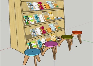 现代风格儿童书柜与坐凳SU(草图大师)模型